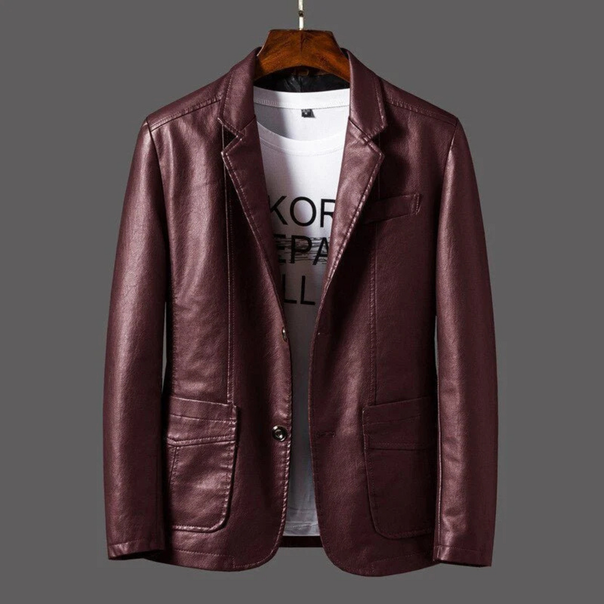 Men's button-front blazer jacket with notched lapels and multiple pockets