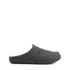 Grey closed-toe house slippers with textured uppers and black flat soles