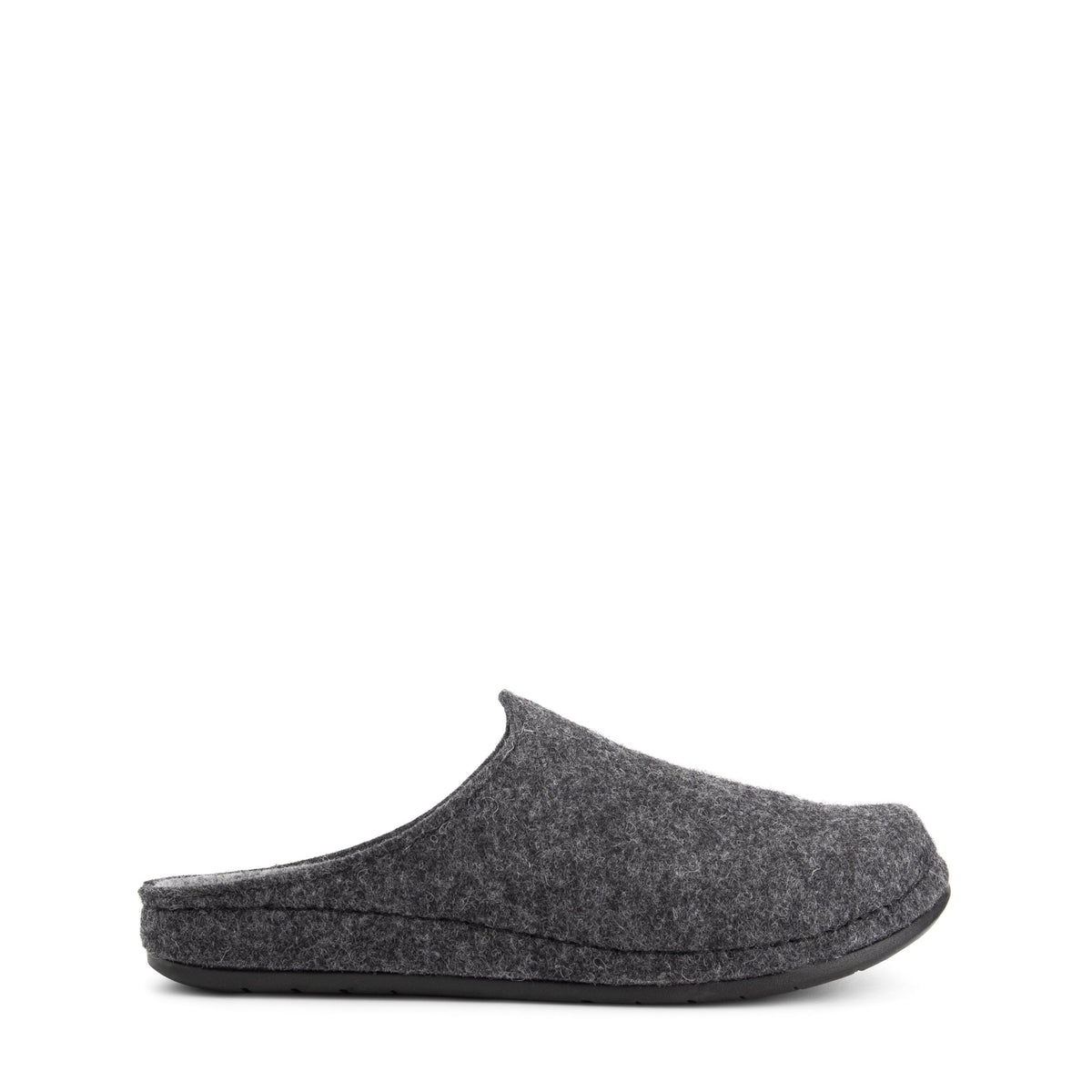 Grey closed-toe house slippers with textured uppers and black flat soles