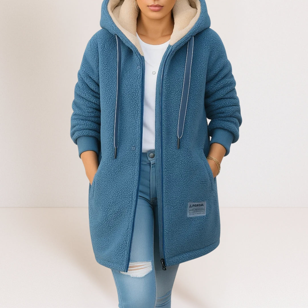 Women's longline hooded fleece jacket with full zip and front pockets