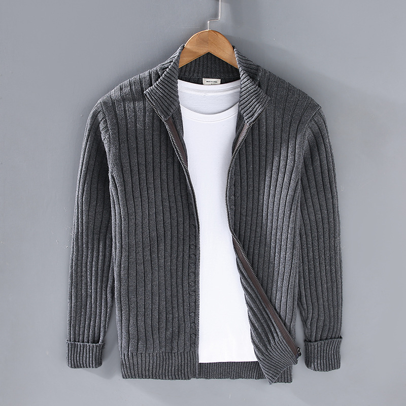 Men's ribbed zip cardigan with stand collar and long sleeves