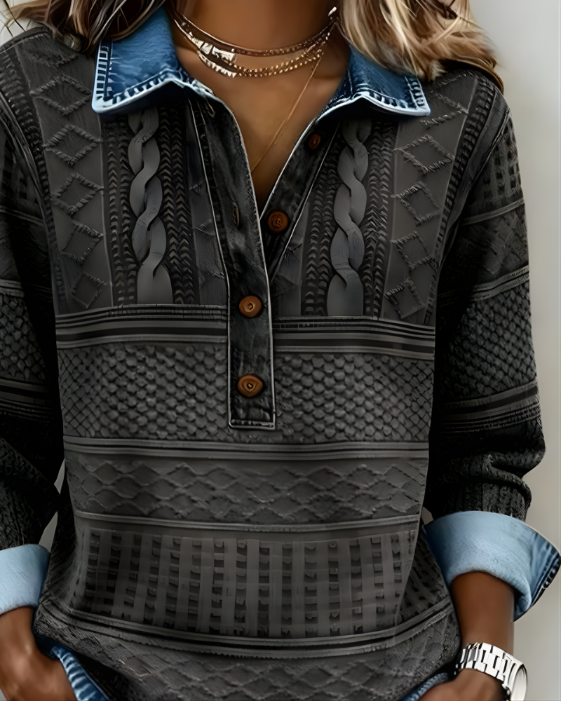 Women's patterned collared sweatshirt with half-button front and long sleeves
