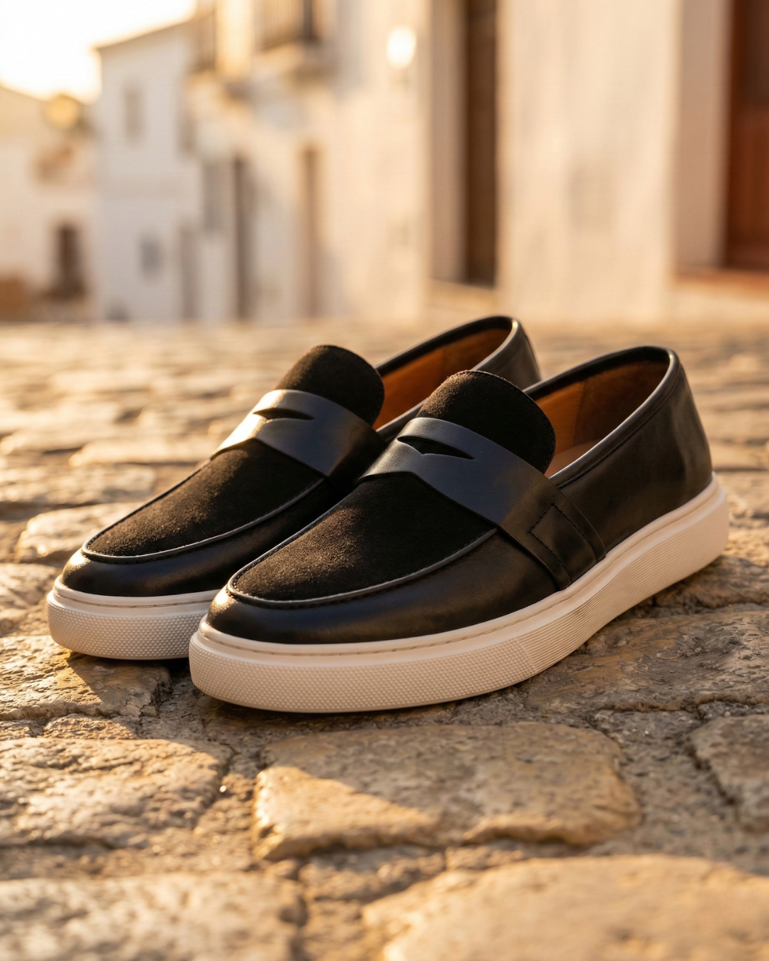 Men's penny strap slip-on loafer with almond toe and textured sole