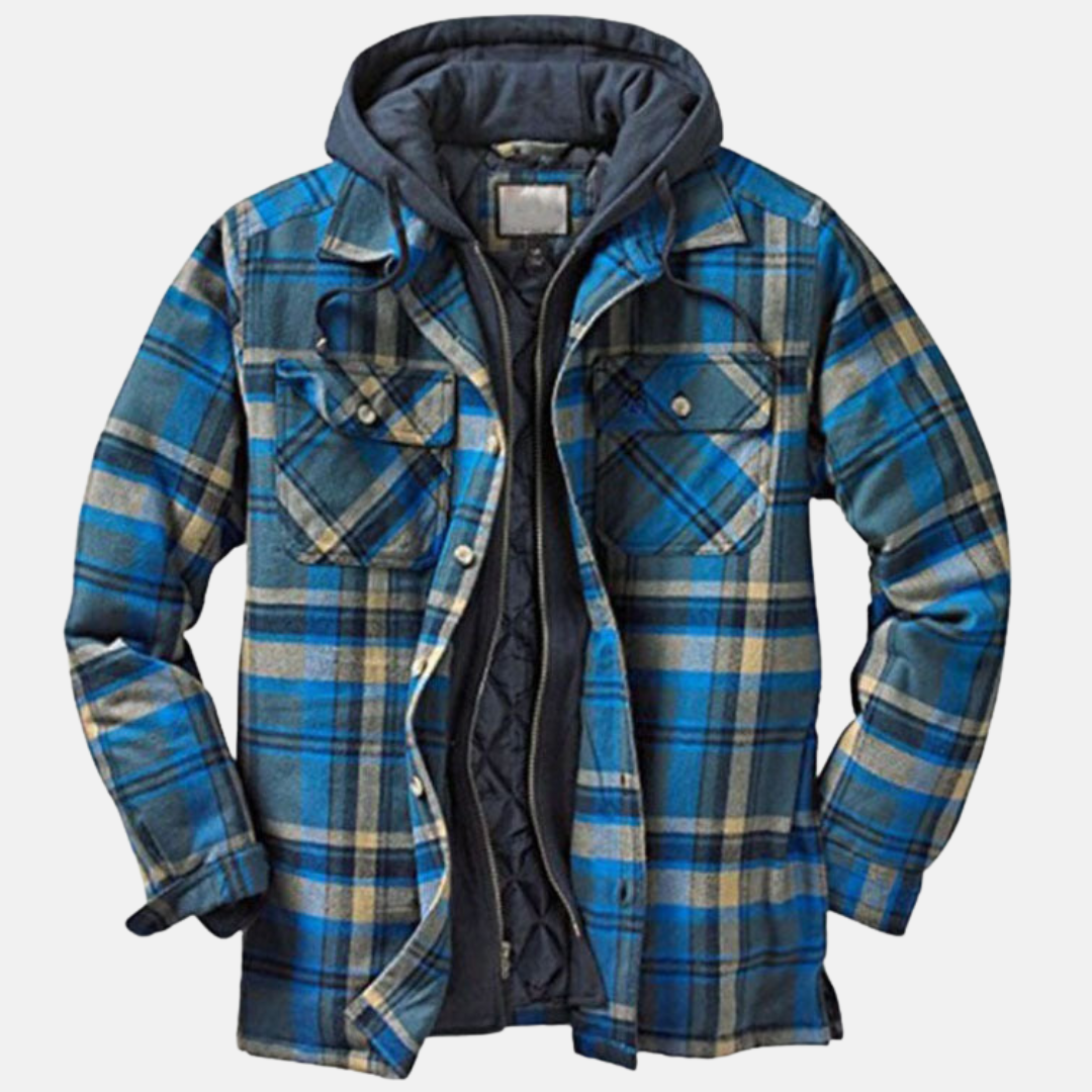 Men's checked hooded jacket with long sleeves, zip front and chest pockets