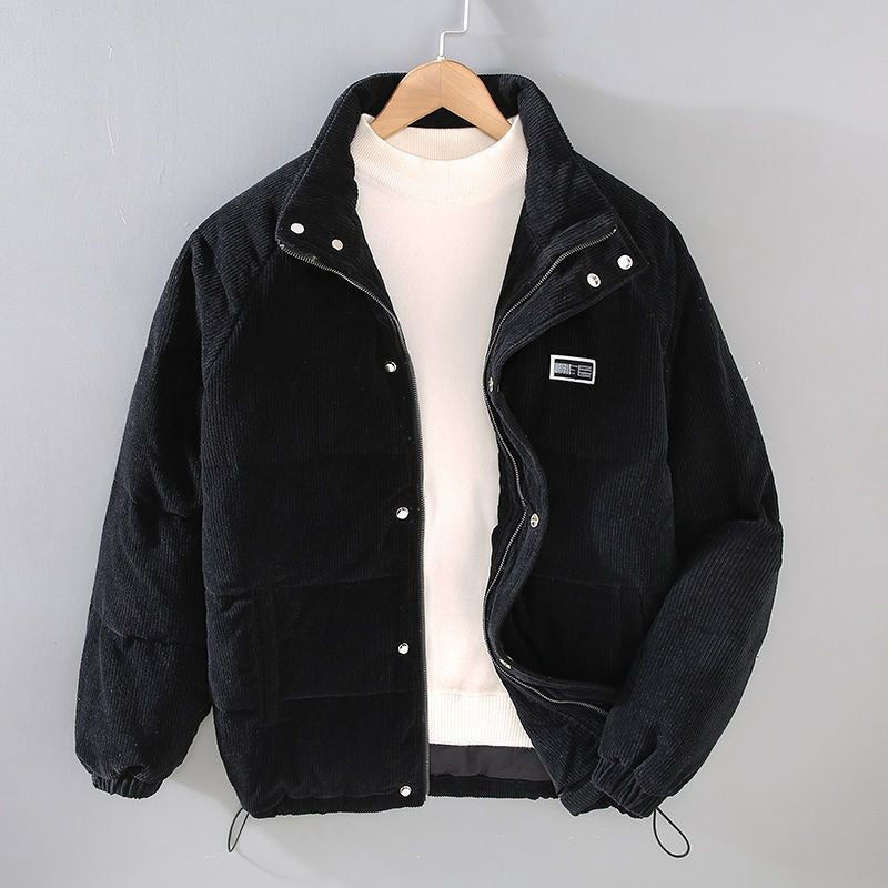 Men's corduroy padded jacket with high collar, zip front and quilted panels