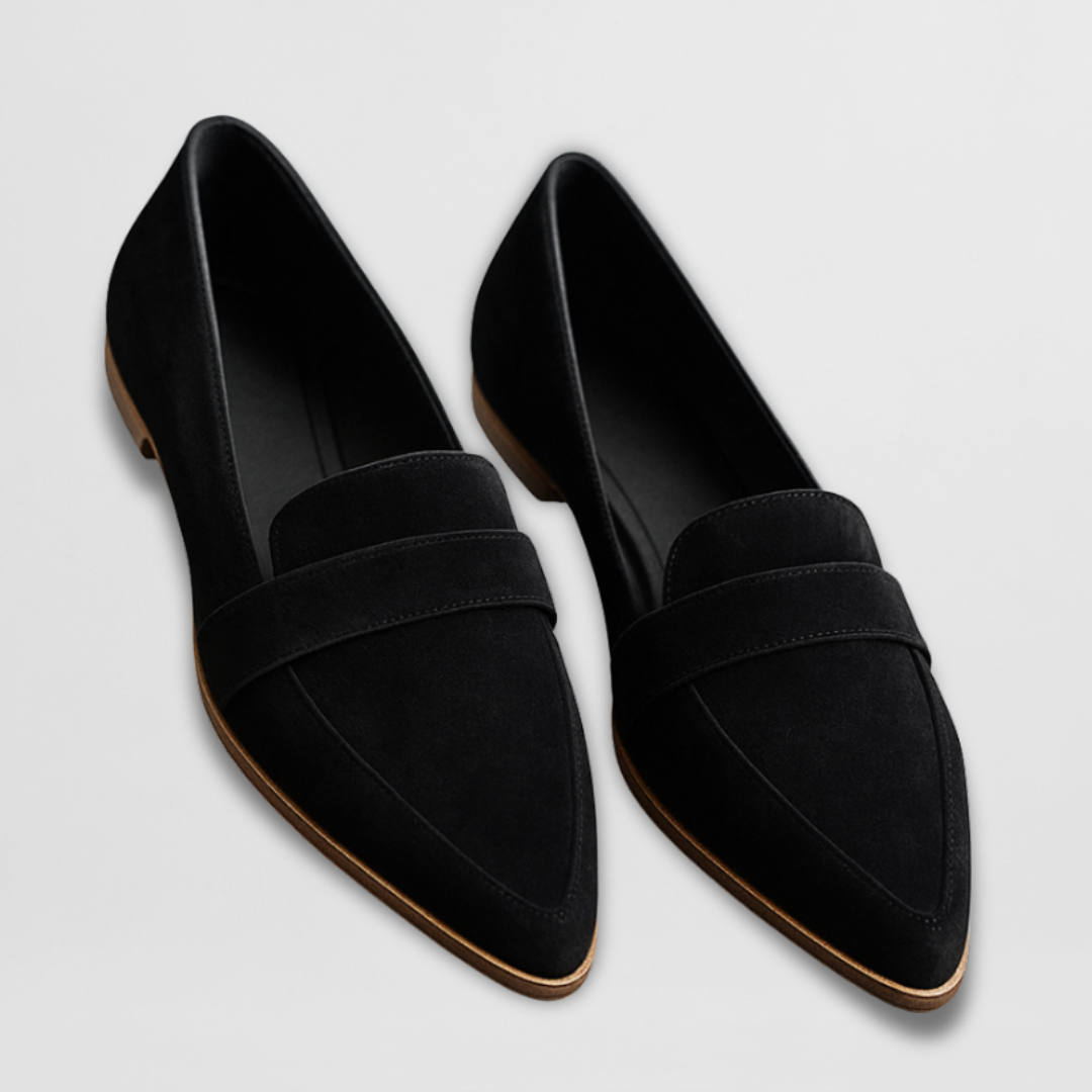 Women's pointed toe loafers with penny straps and flat soles