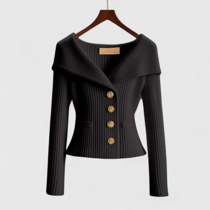 Women's ribbed knit cardigan with shawl collar and button front