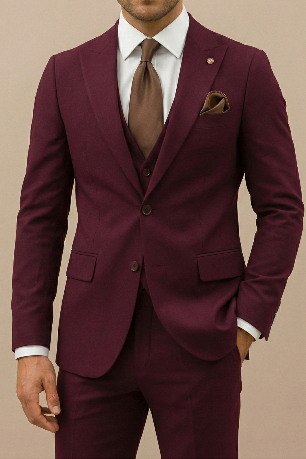 Men's three-piece suit set with tailored jacket, buttoned waistcoat and matching trousers