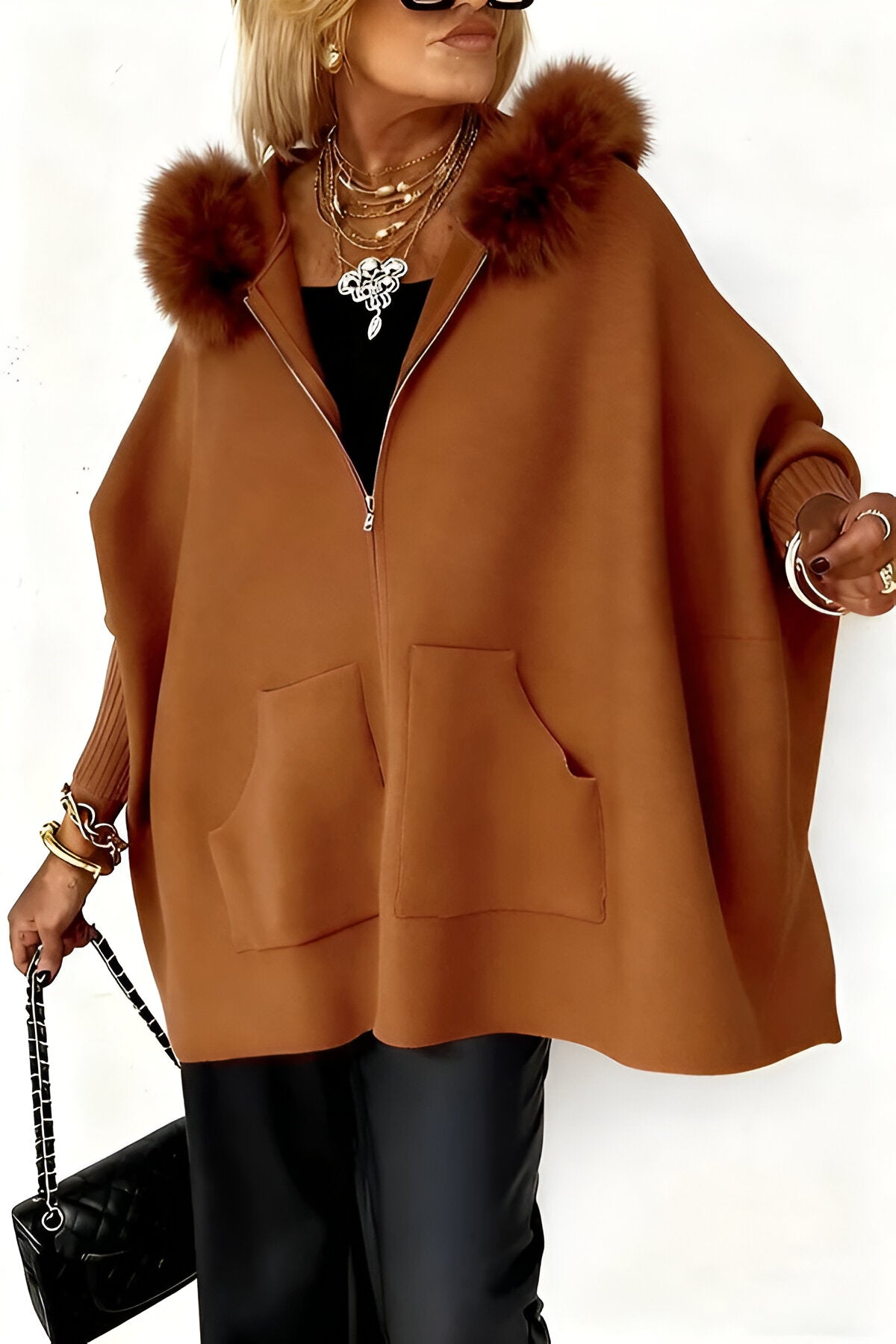 Women's relaxed hooded short cardigan with zip front, fluffy trim and front pockets