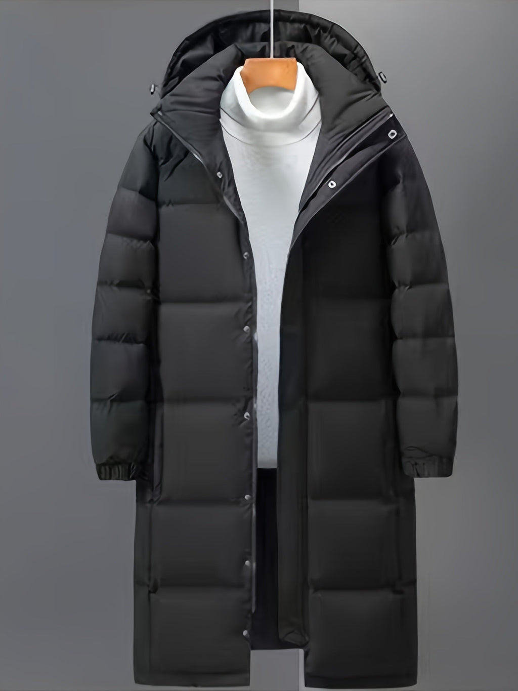 Men's black long hooded puffer coat with quilted panels and front pockets