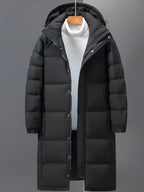 Men's black long hooded puffer coat with quilted panels and front pockets