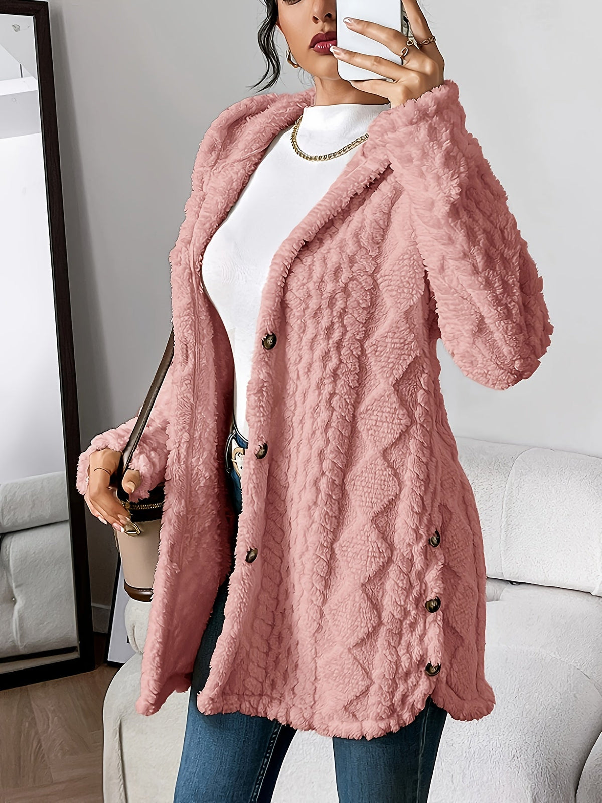 Women's hooded textured cardigan with long sleeves, button front and side pockets