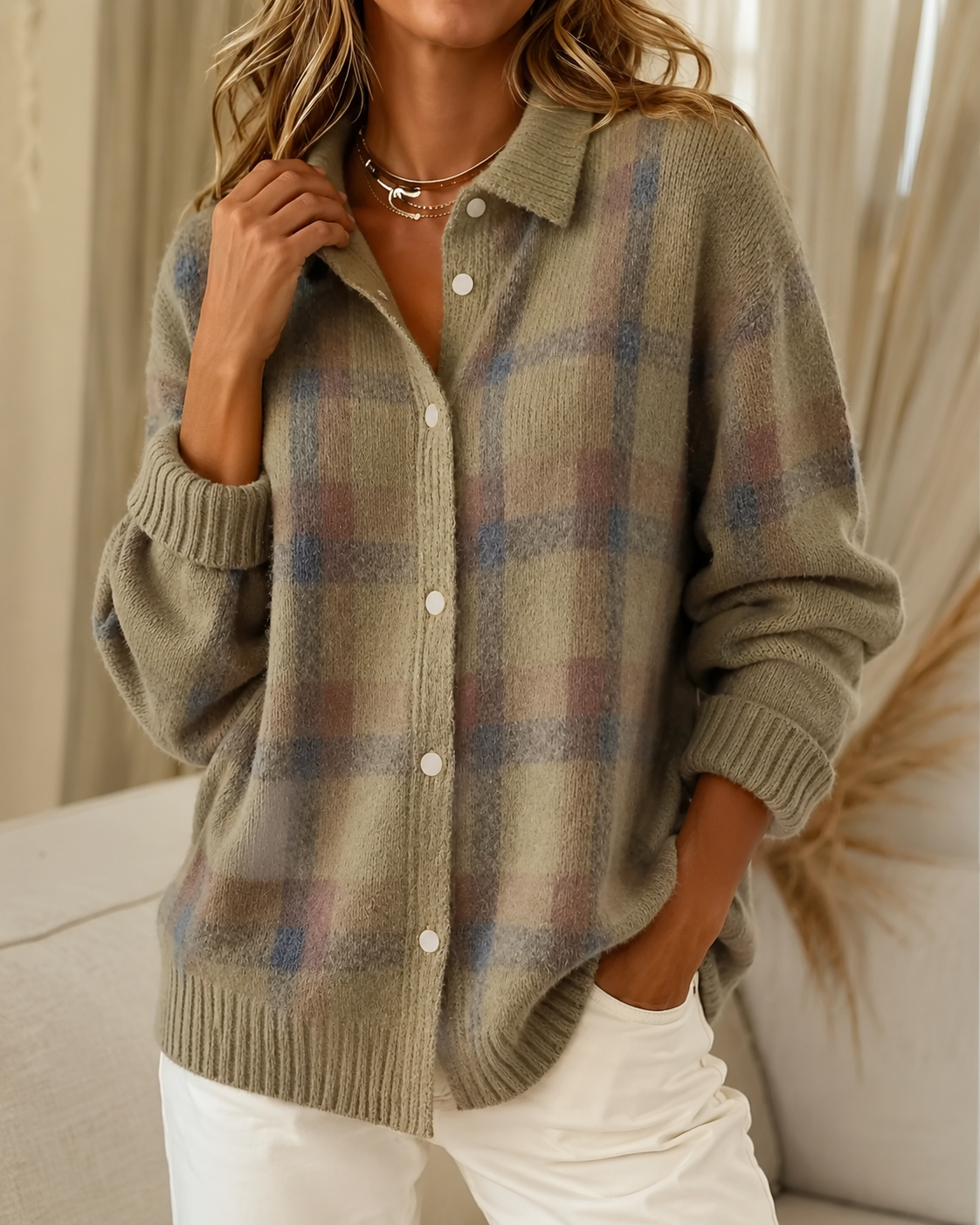 Women's checked knitted cardigan with collared neckline, long sleeves and button fastening