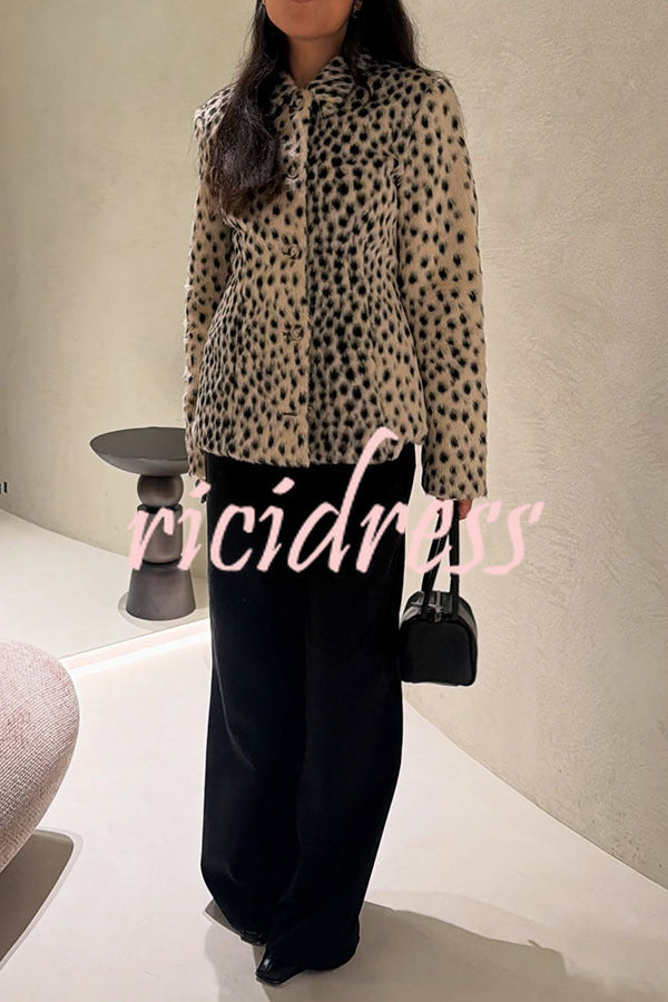 Women's beige leopard print jacket with lapel collar and long sleeves