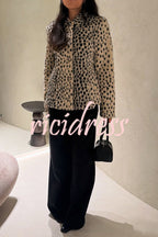 Women's beige leopard print jacket with lapel collar and long sleeves