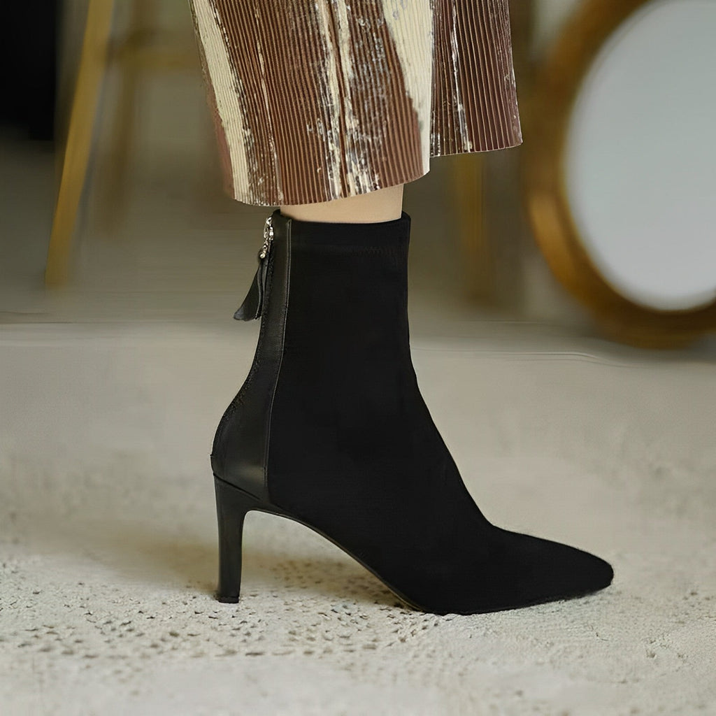 Women's pointed toe ankle boots with high stiletto heels and side zippers