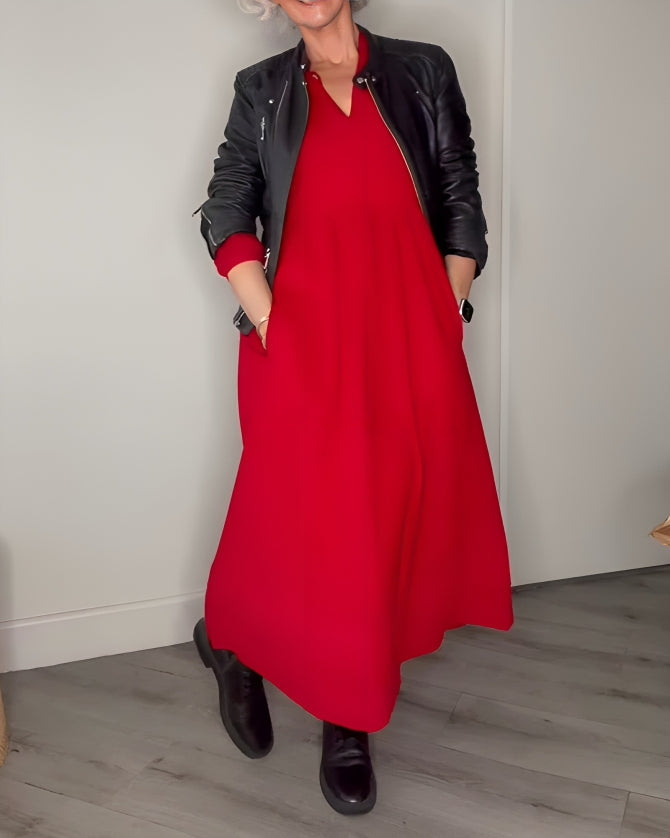 Women's long sleeve plain maxi dress with round neckline and A-line shape