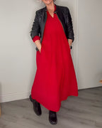 Women's long sleeve plain maxi dress with round neckline and A-line shape