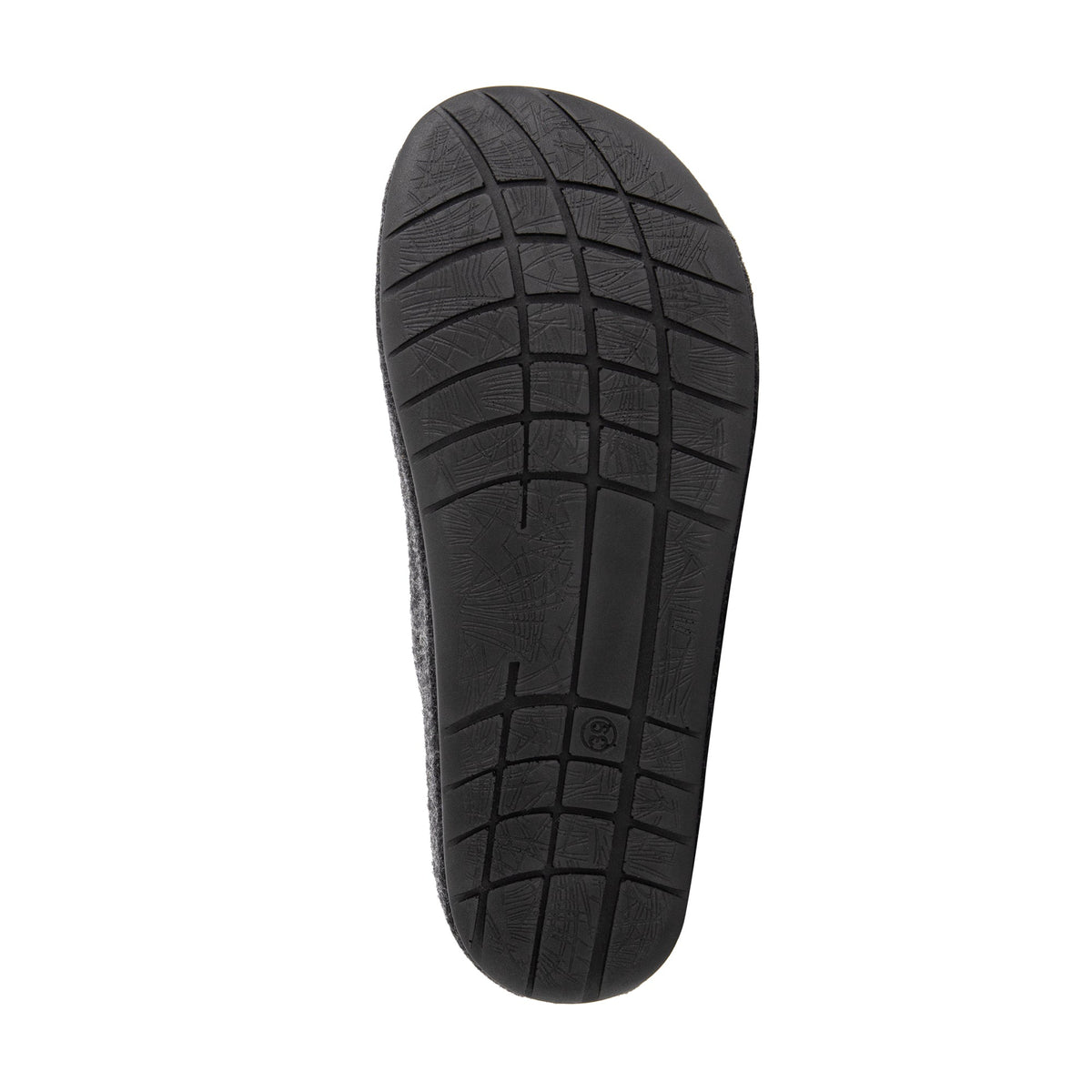 Grey closed-toe house slippers with textured uppers and black flat soles