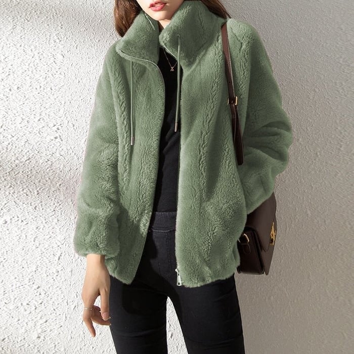Women's plush fleece jacket with high collar, long sleeves and front zip