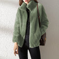 Women's plush fleece jacket with high collar, long sleeves and front zip