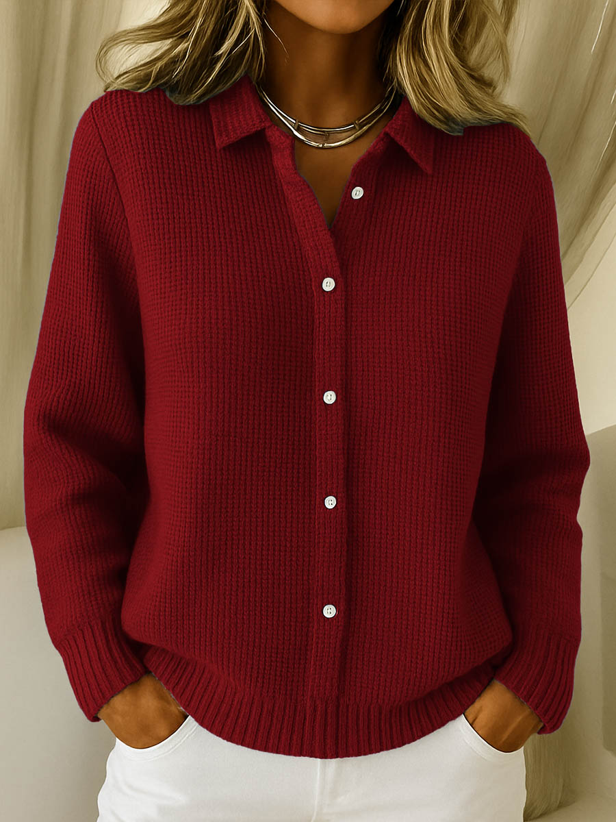 Women's ribbed button cardigan with shirt collar and long sleeves