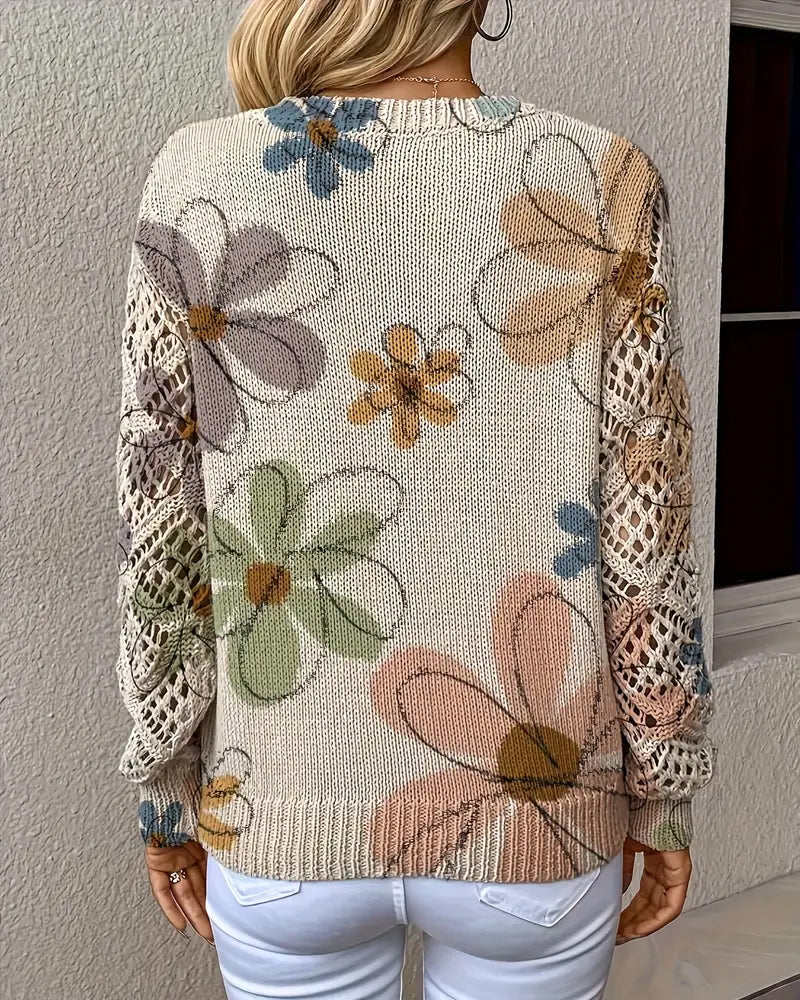 Women's multicoloured floral V-neck openwork knit sweater with long sleeves
