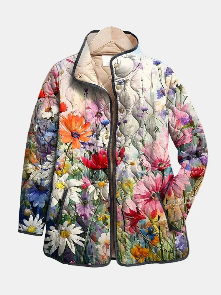 Women's floral quilted jacket with stand collar and button fastening