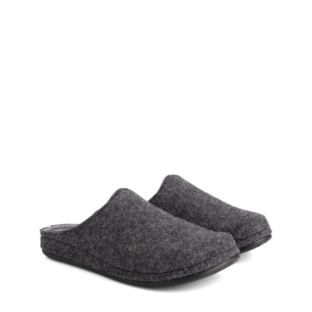 Grey closed-toe house slippers with textured uppers and black flat soles