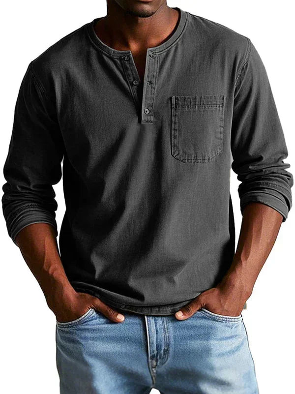 Men's long sleeve Henley shirt with round neck, button placket and chest pocket