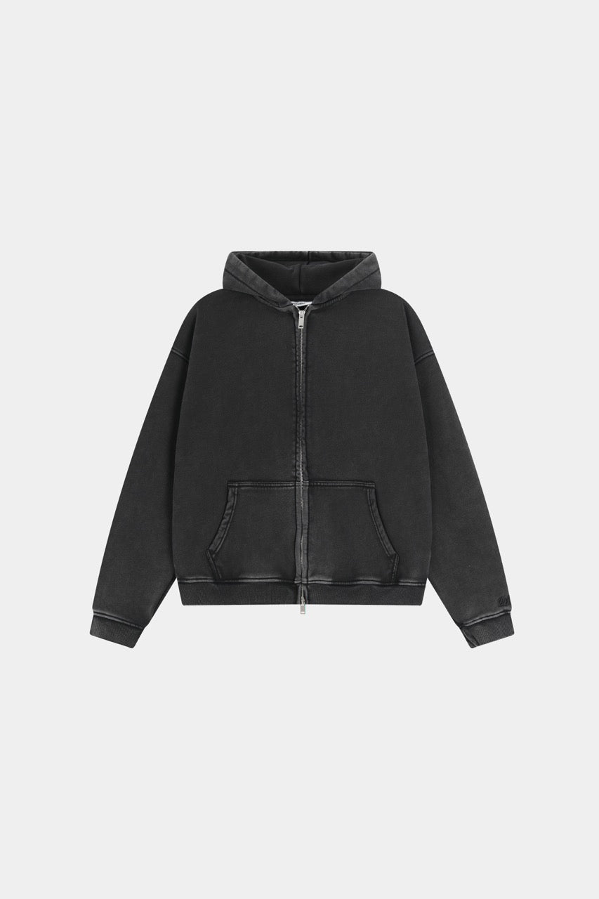 Men's black full-zip hoodie with hood, long sleeves and front pockets