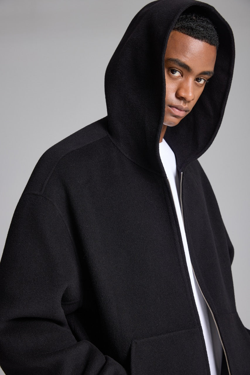 Men's black hooded jacket with full zip front and two patch pockets