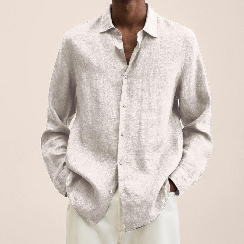 Men's plain long-sleeve collared shirt with button front and curved hem