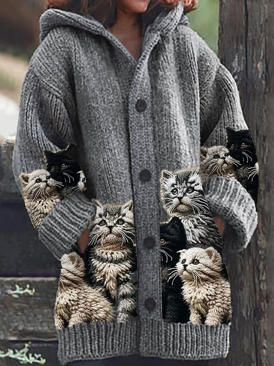 Women's hooded cardigan with cat print panels and button front