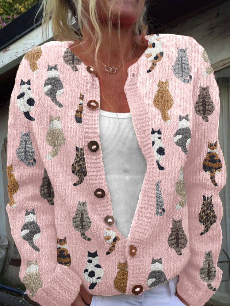 Women's cardigan with an all-over cat pattern, buttons and long sleeves