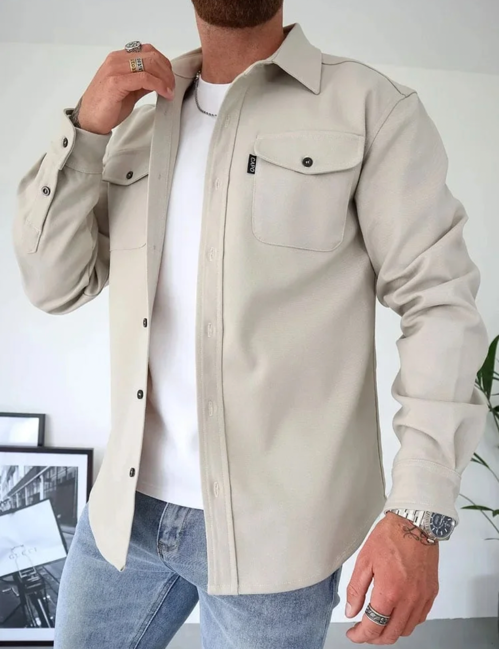 Men's long-sleeved button shirt jacket with two flap chest pockets