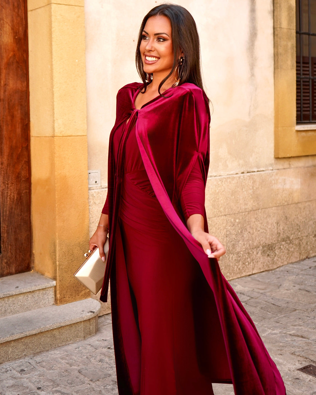 Women's long velvet cape with open front and tie neck