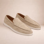 Men's textured slip-on loafers with stitched almond toes and flat soles