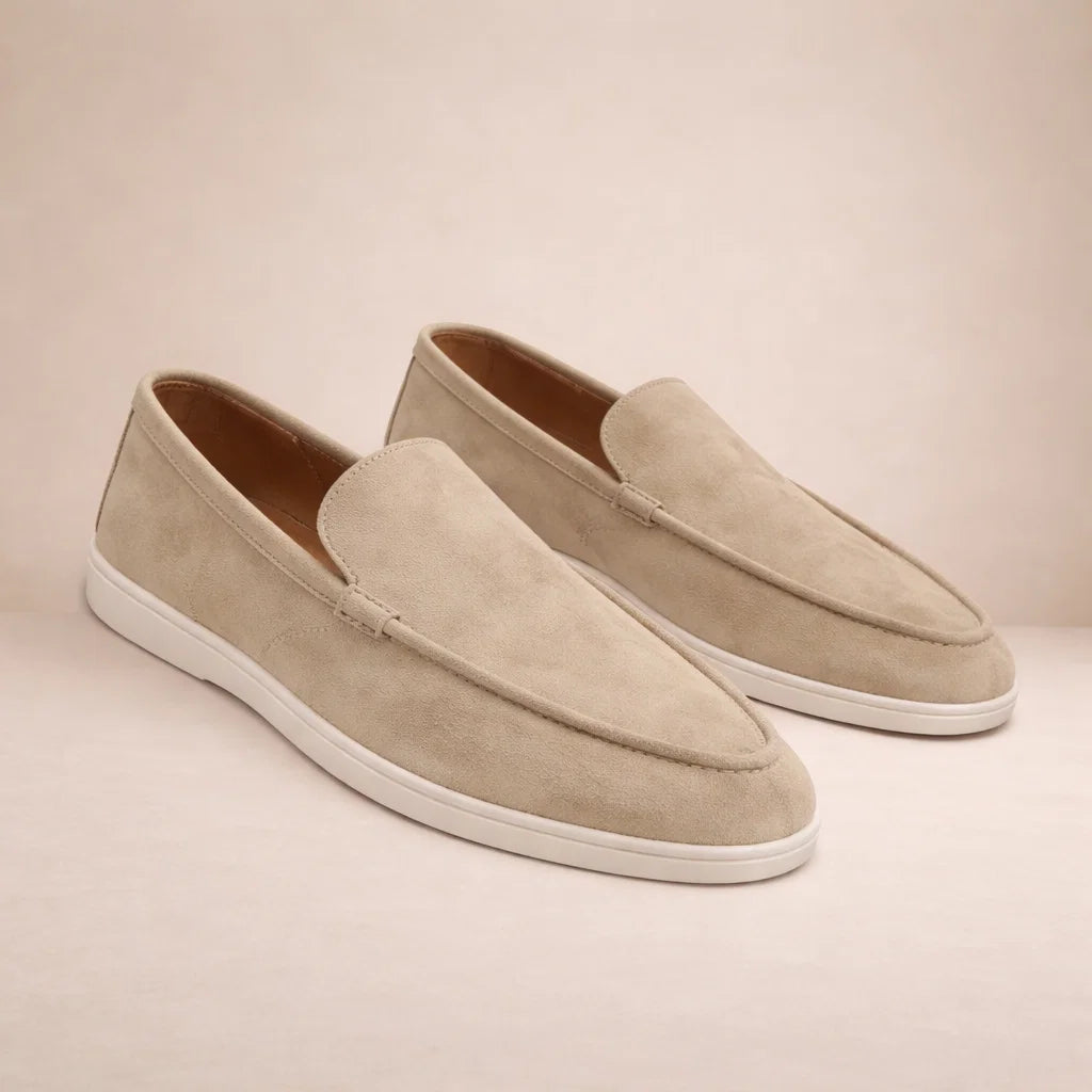 Men's textured slip-on loafers with stitched almond toes and flat soles