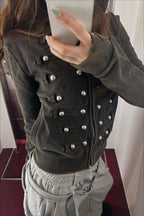 Women's black fitted cropped hoodie with hood, front zip and silver-tone stud detailing