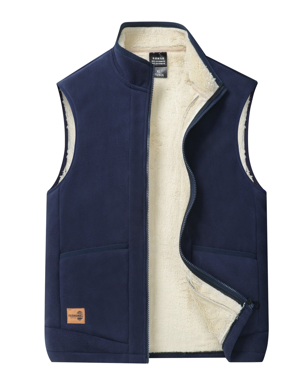 Men's sleeveless bodywarmer vest with cream textured lining and zip front