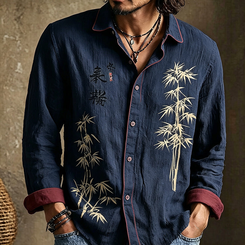 Men's long-sleeved shirt with bamboo and calligraphy print, contrast trim and button front