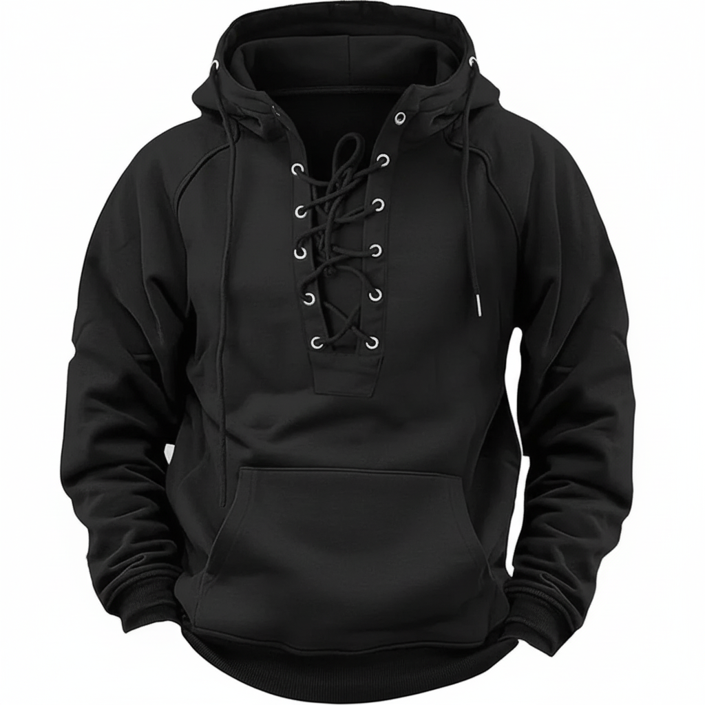 Solid lace-up hooded hoodie with long sleeves and kangaroo pocket
