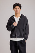 Men's black full-zip hoodie with hood, long sleeves and front pockets