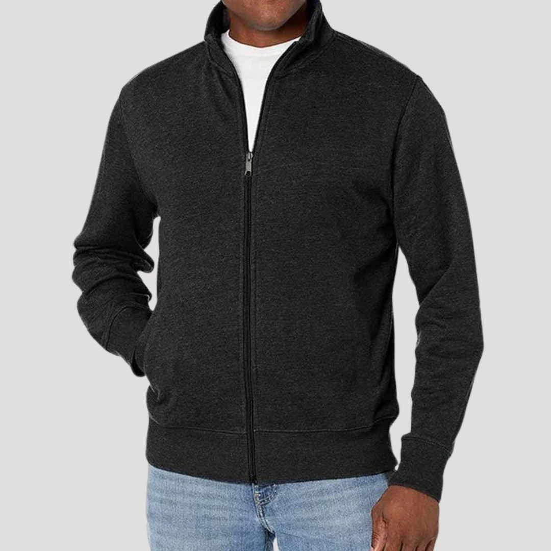 Men's long-sleeve zip-up jacket with stand collar and side pockets