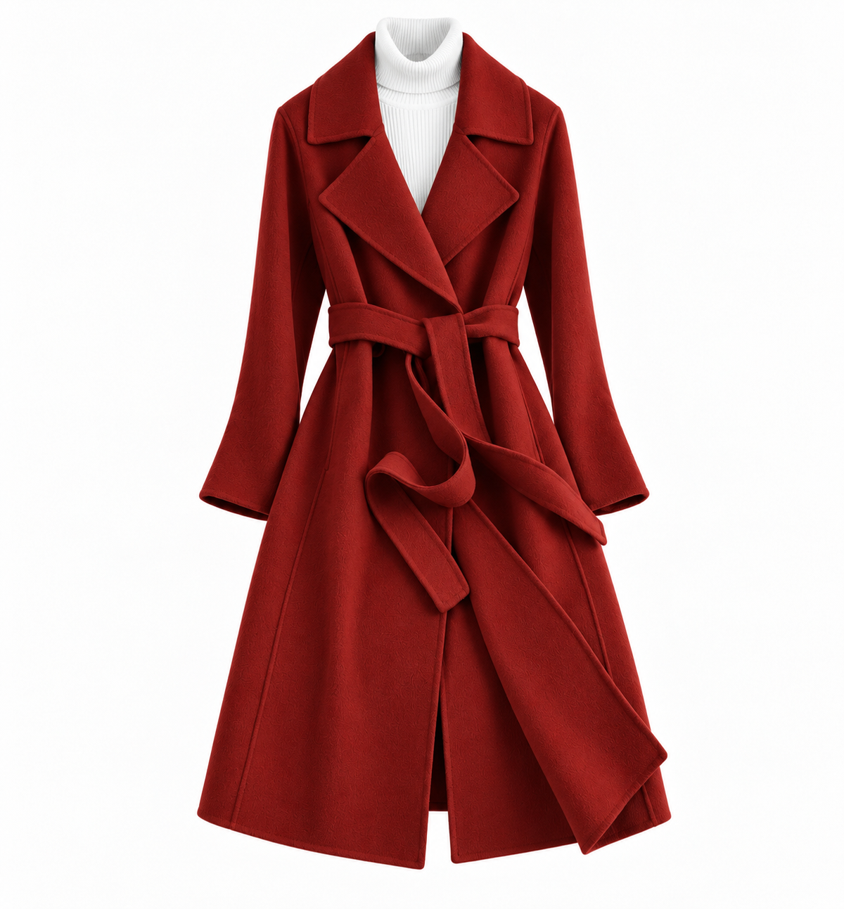 Women's long belted wrap coat with wide notched lapels