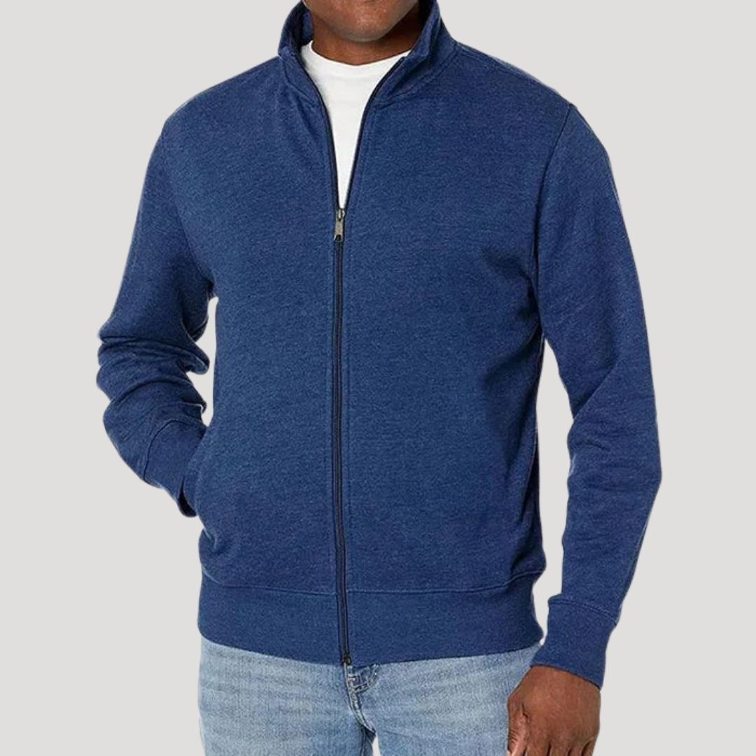 Men's long-sleeve zip-up jacket with stand collar and side pockets
