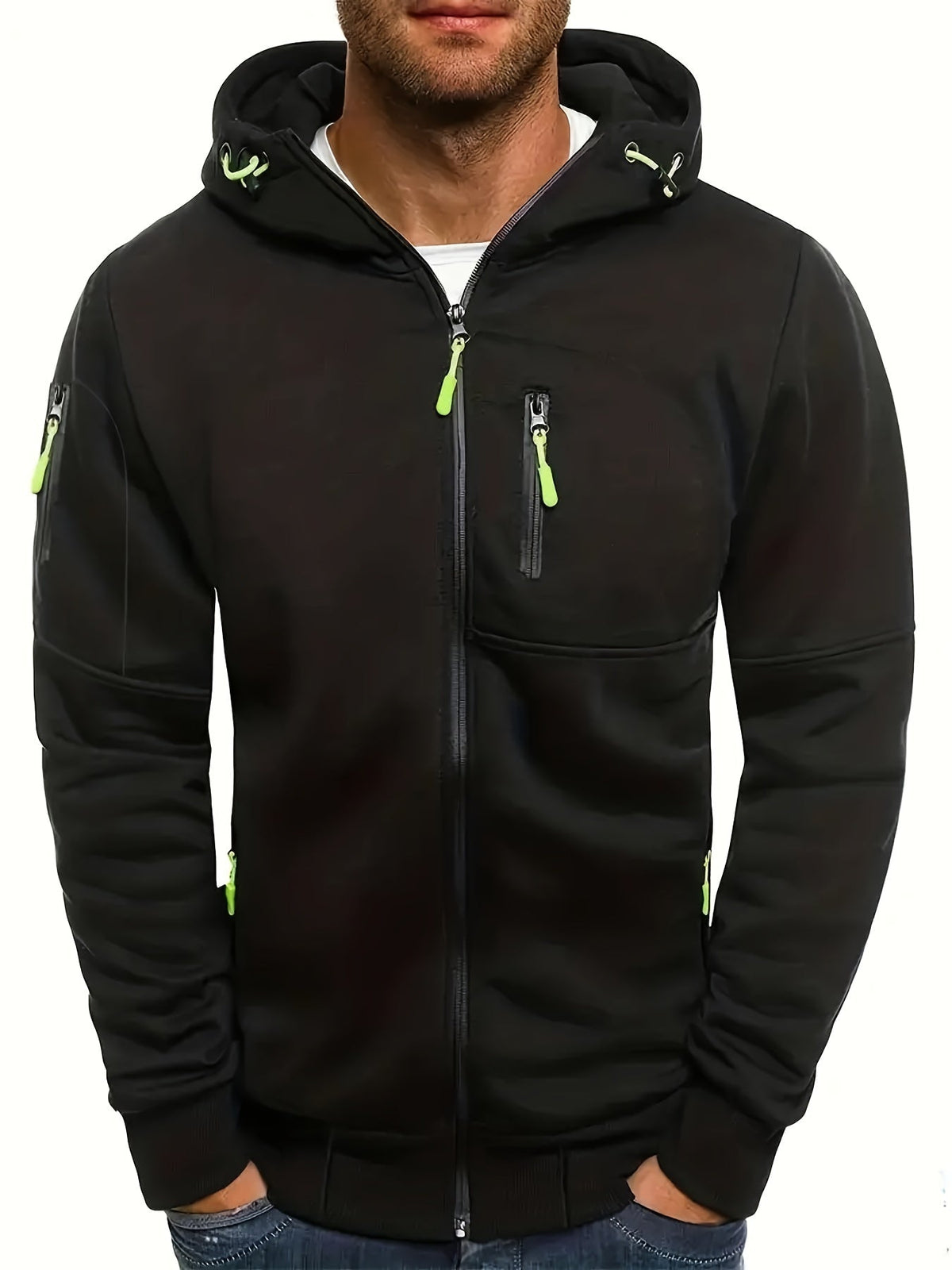 Men's plain hooded jacket with full zip and zipped pockets