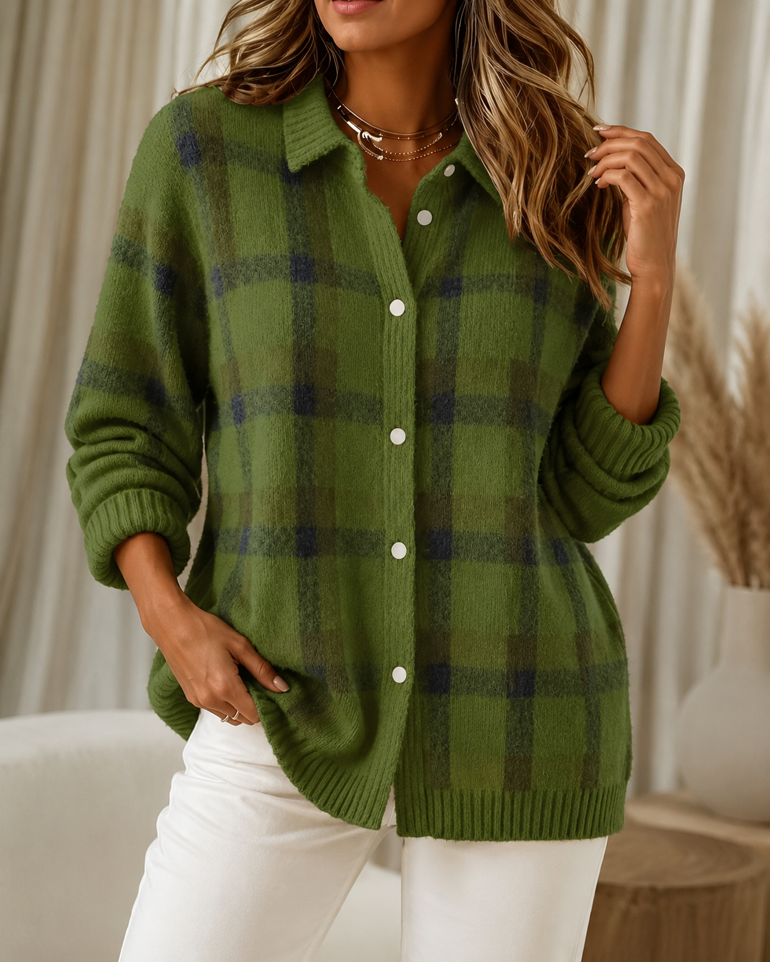 Women's checked knitted cardigan with collared neckline, long sleeves and button fastening