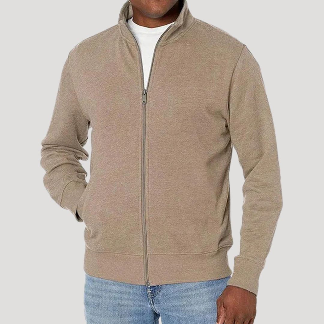 Men's long-sleeve zip-up jacket with stand collar and side pockets